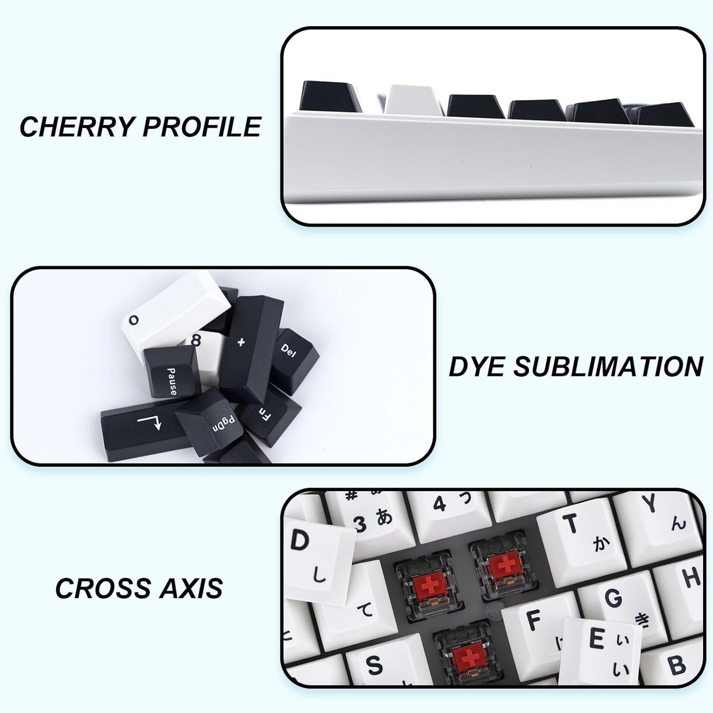 129 Keys Black and White Customized Keycap, Cherry Profile Japanese Keycaps, PBT Dye Sublimation Keycaps Set for Gateron Kailh Cherry MX Switch Gaming Mechanical Keyboards