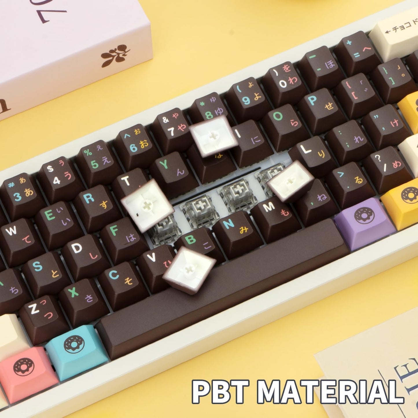 Japanese Keycaps 129 Keys Chocolate PBT Keycap Dye Sub Cherry Profile Keycaps Donut Theme Custom Key caps Set Fit for 61/64/87/104/108 Mechanical Keyboards Cherry Mx Gateron Switches