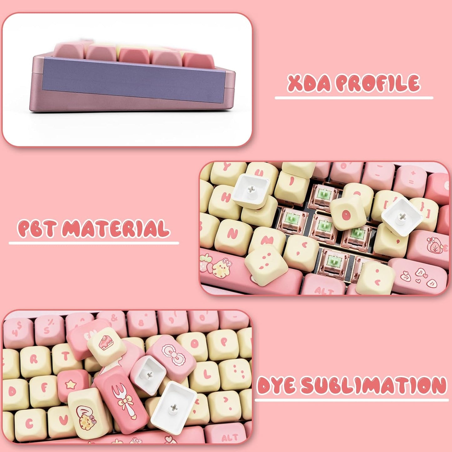 PBT Cute Pink Yellow Keycaps 136 Keys XOA Key caps Dye Sublimation Custom Keycap Set Round Profile for Cherry MX Switches Mechanical Gaming Keyboards(Strawberry Chick Theme)