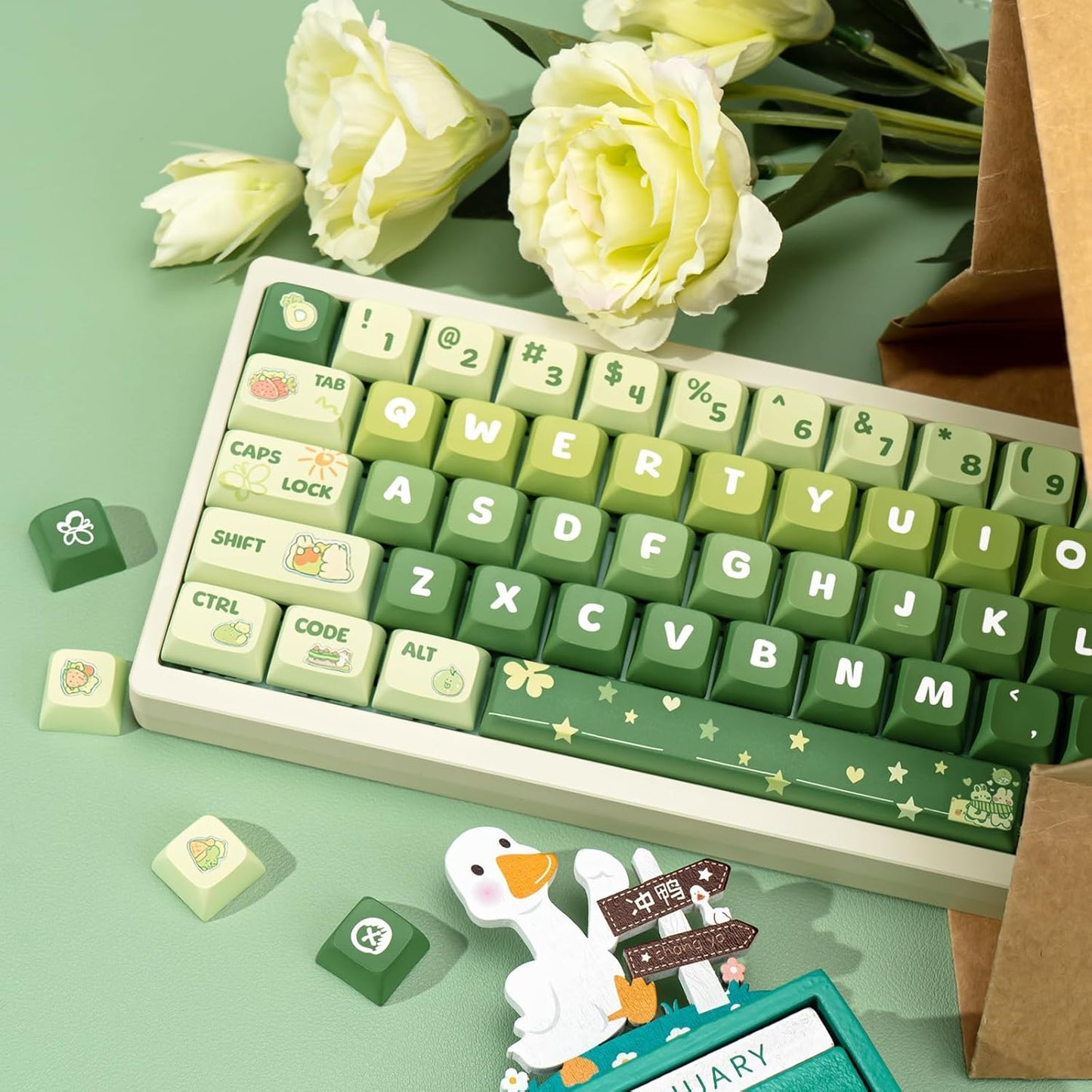 PBT Keycaps 133 Keys Gradient Green Keycap Dye Sublimation Cute Anime Key caps XDA Profile Custom Keycaps Set for Cherry Gateron MX Switches Mechanical Keyboards