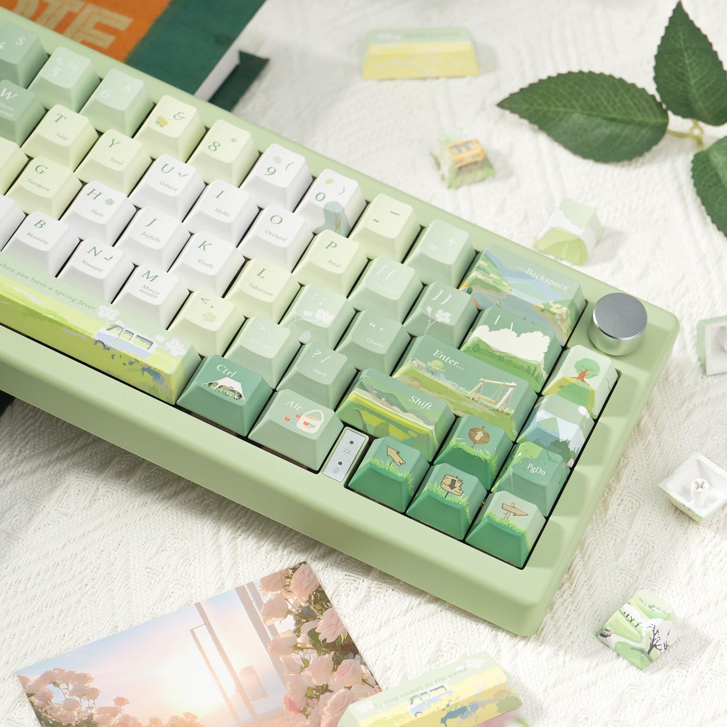Custom PBT Keycaps 130 Keys, Cherry Profile Green Keycap, Dye Sublimation Spring Theme Keycaps Set for Cherry Gateron MX Switches Mechanical Gaming Keyboards
