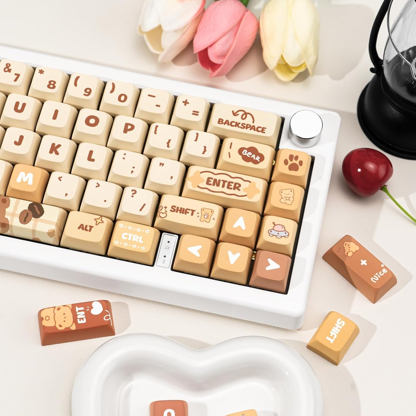Cute PBT Keycaps 133 Keys Caramel Bear Theme Keycap Dye Sublimation XDA Profile Key caps Custom Keycaps Set for Cherry Gateron MX Swithes Mechanical Gaming Keyboards