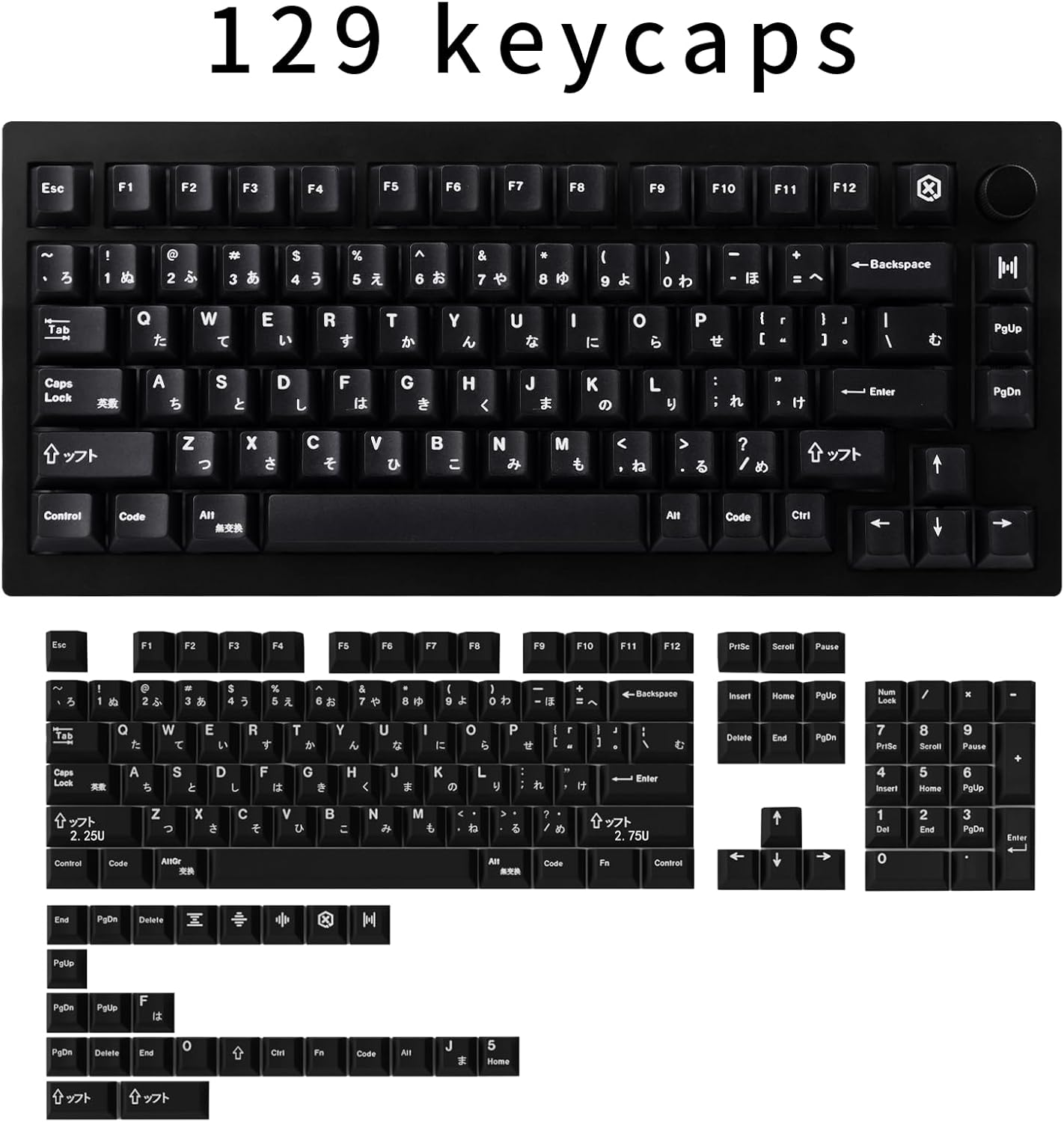 Black Japanese Keycaps 129 Keys, Minimalist Style Cherry Profile Key Caps, PBT Dye Sublimation Customized Keycaps Set Compatible with Cherry MX Switches Mechanical Keyboards