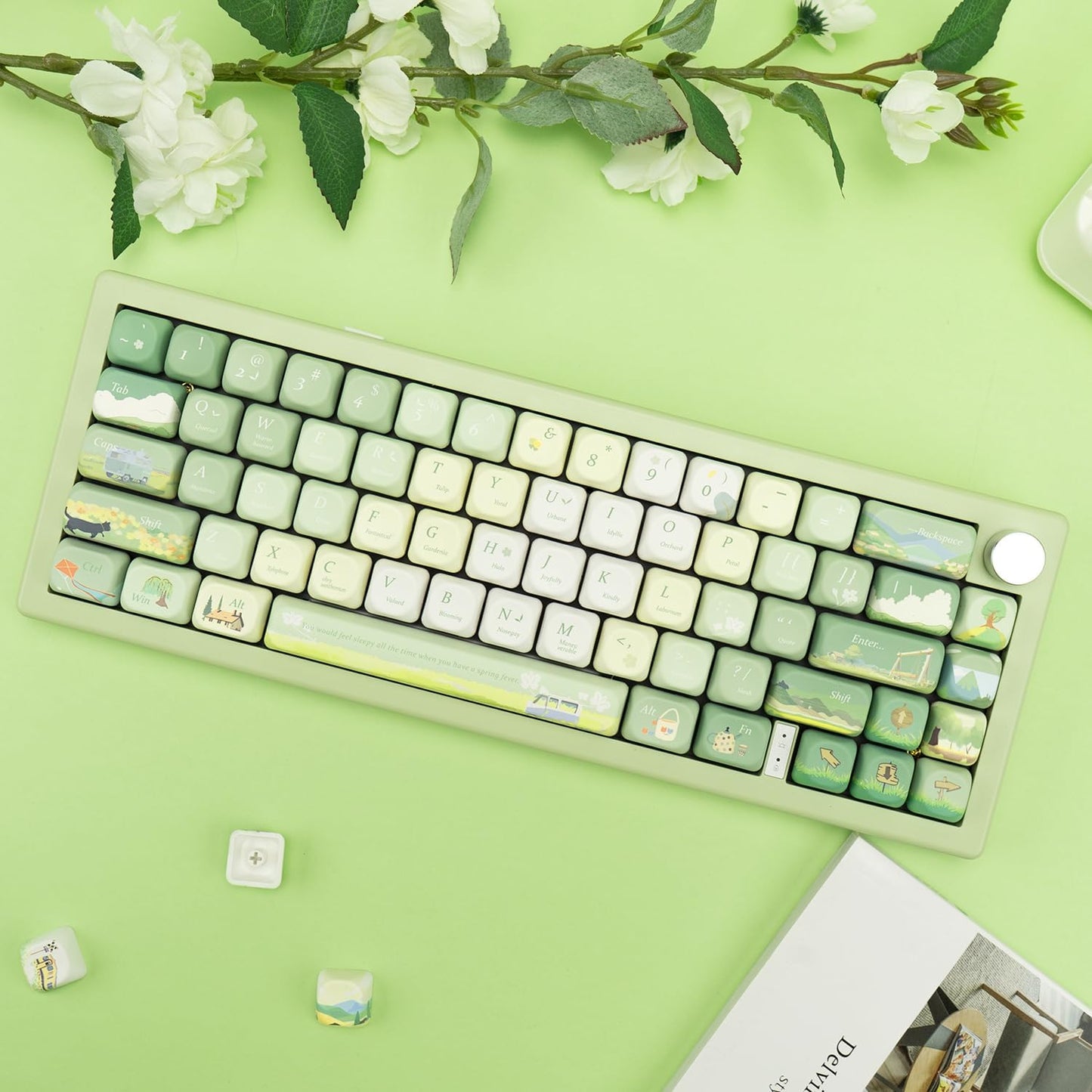 PBT Keycaps 132 Keys Spring Theme Green Key caps Dye-Sublimation Cute Keycap XOA Profile Custom Keycaps Set for Cherry Gateron MX Switches Mechanical Keyboards