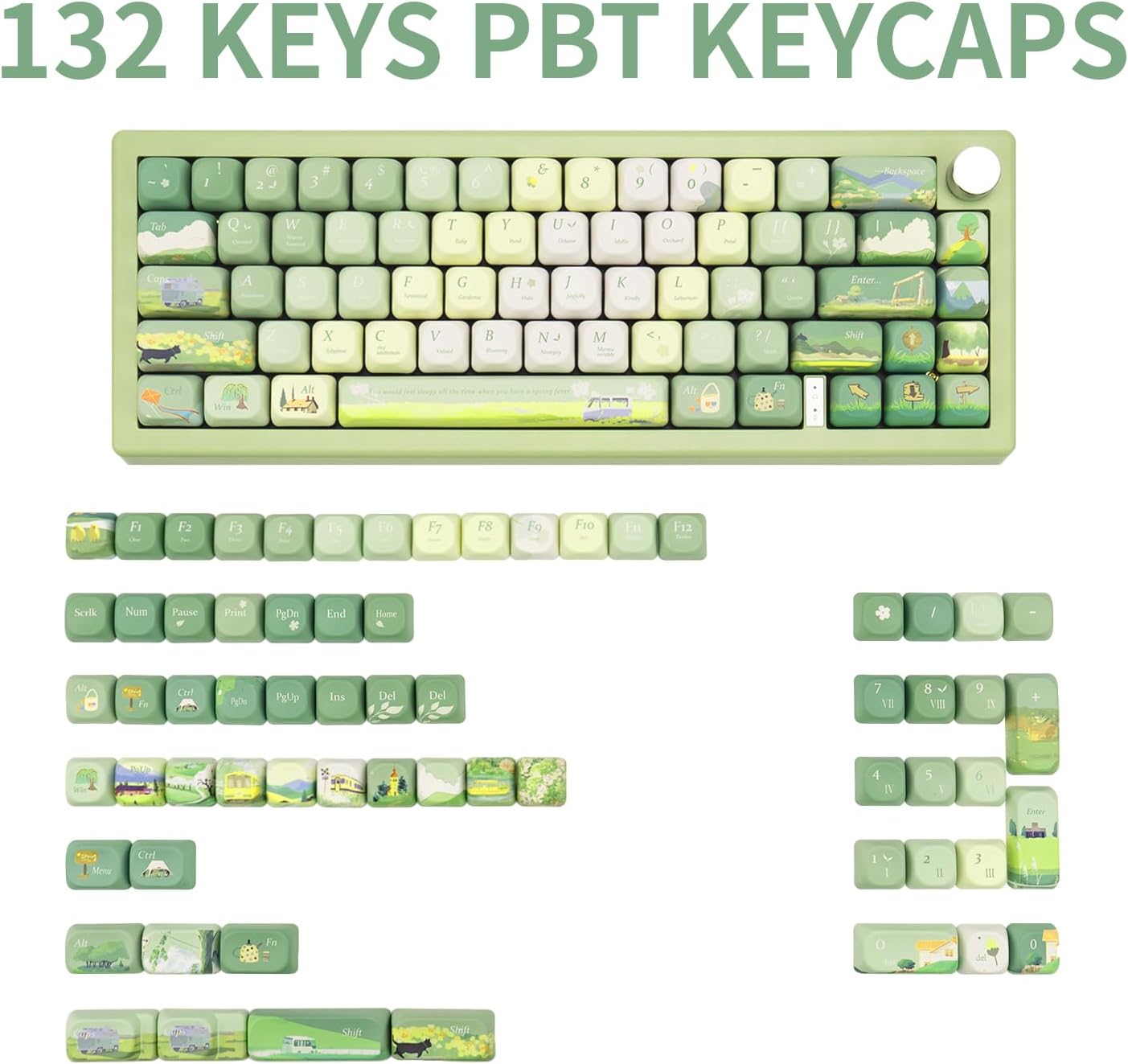 PBT Keycaps 132 Keys Spring Theme Green Key caps Dye-Sublimation Cute Keycap XOA Profile Custom Keycaps Set for Cherry Gateron MX Switches Mechanical Keyboards