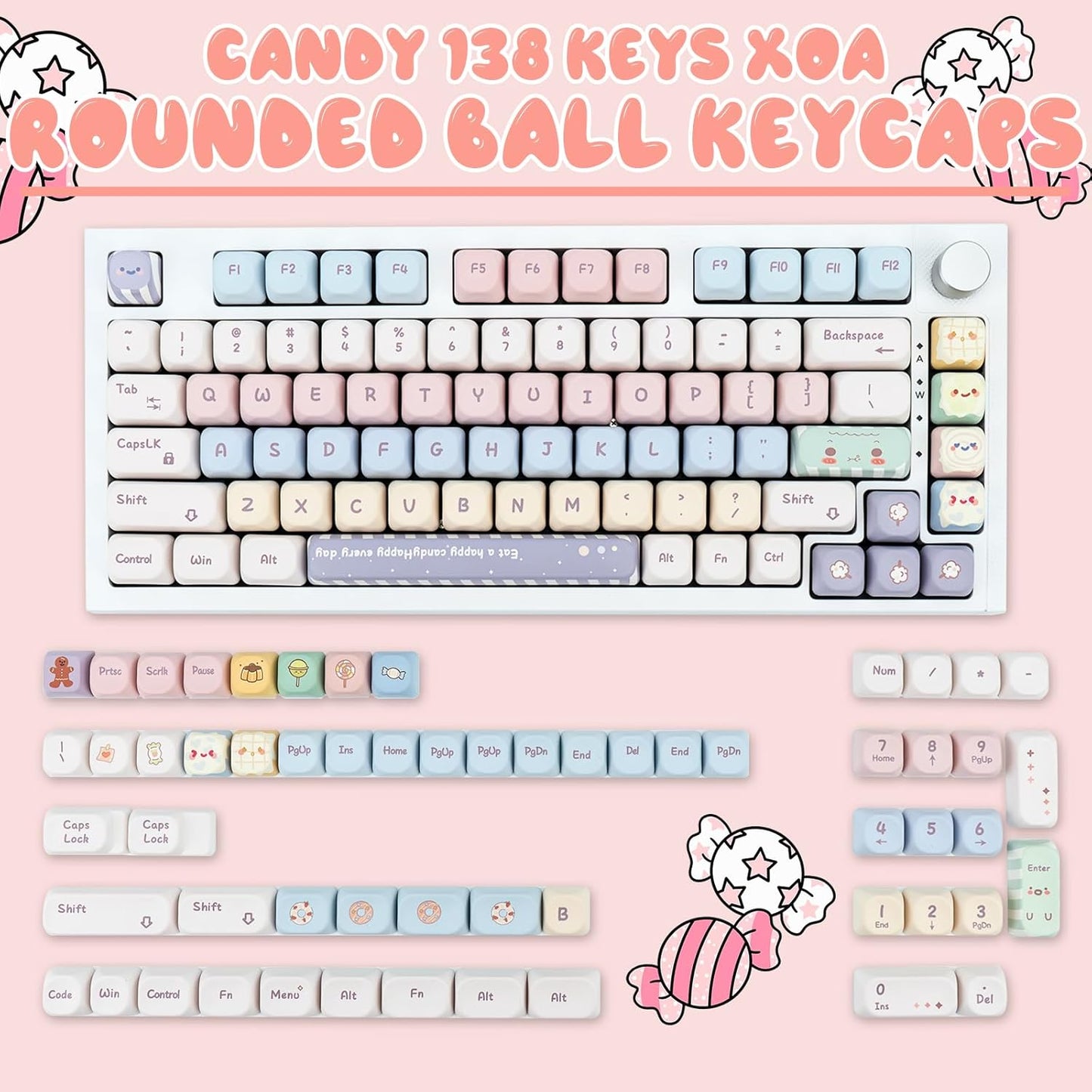 Candy Color PBT Keycaps Set XOA Profile Cute Round Keycaps 138 Keys Custom Dye-Sublimation Keyboard Keycaps for 60% 65% 70% 75% 100% Cherry Gateron MX Switches Mechanical Keyboards