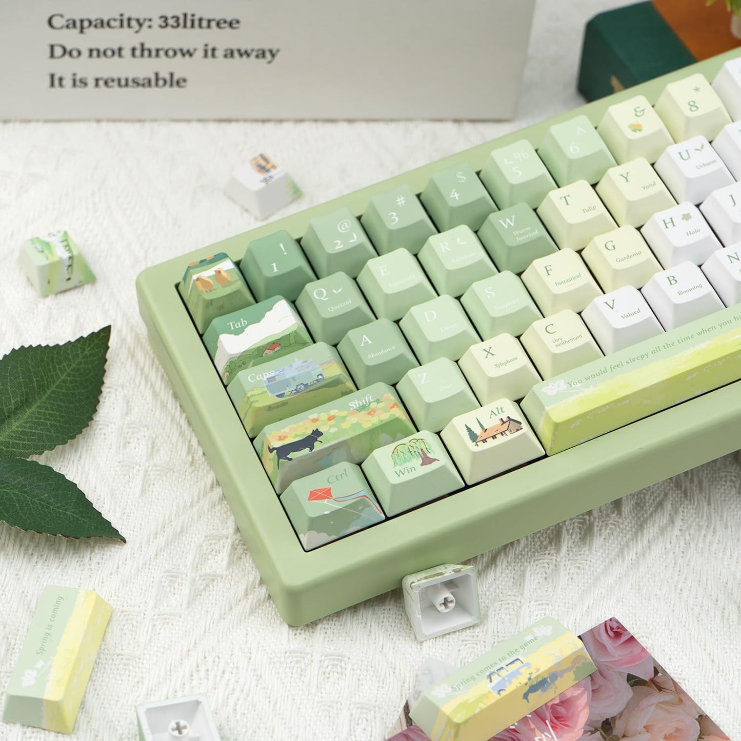 Custom PBT Keycaps 130 Keys, Cherry Profile Green Keycap, Dye Sublimation Spring Theme Keycaps Set for Cherry Gateron MX Switches Mechanical Gaming Keyboards