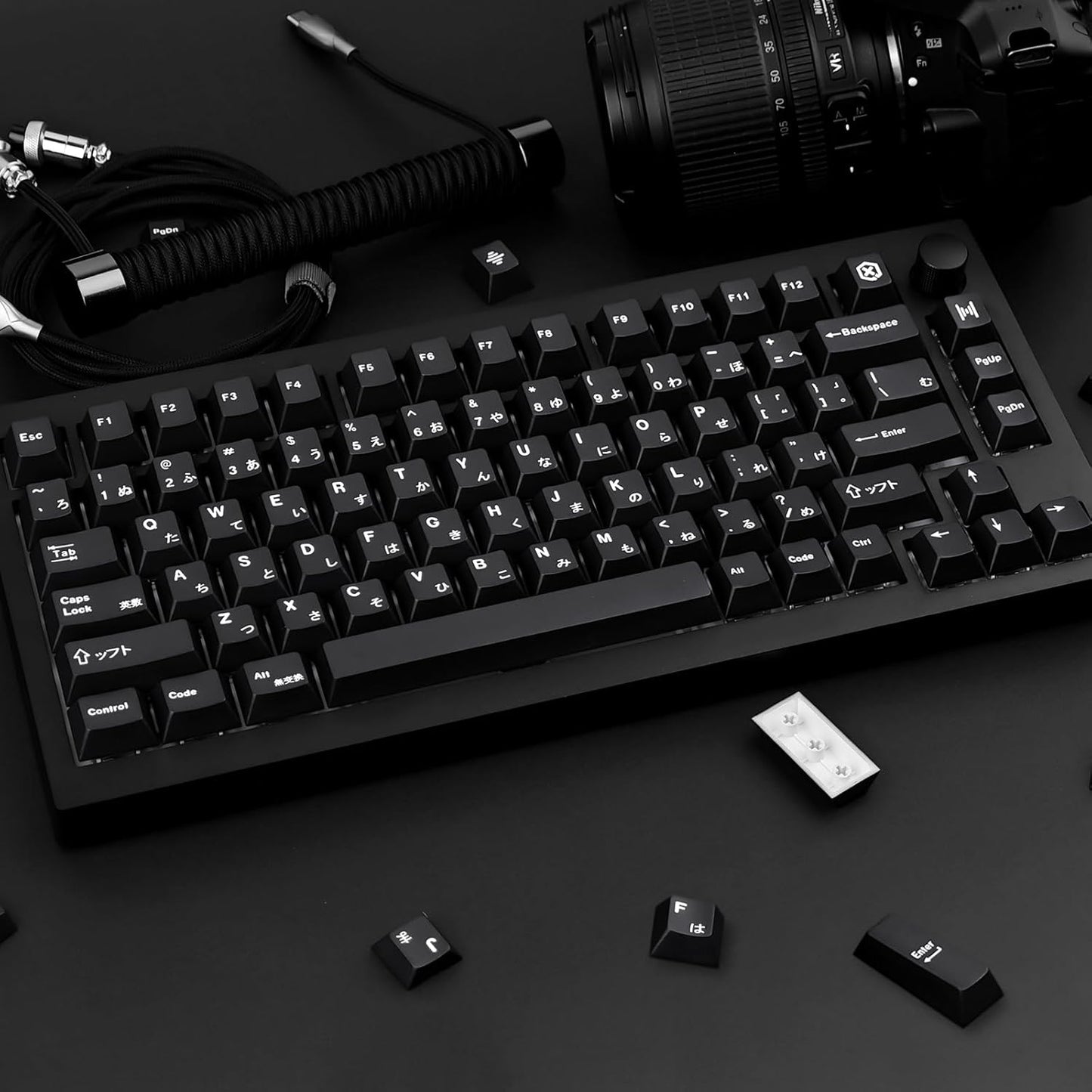 Black Japanese Keycaps 129 Keys, Minimalist Style Cherry Profile Key Caps, PBT Dye Sublimation Customized Keycaps Set Compatible with Cherry MX Switches Mechanical Keyboards