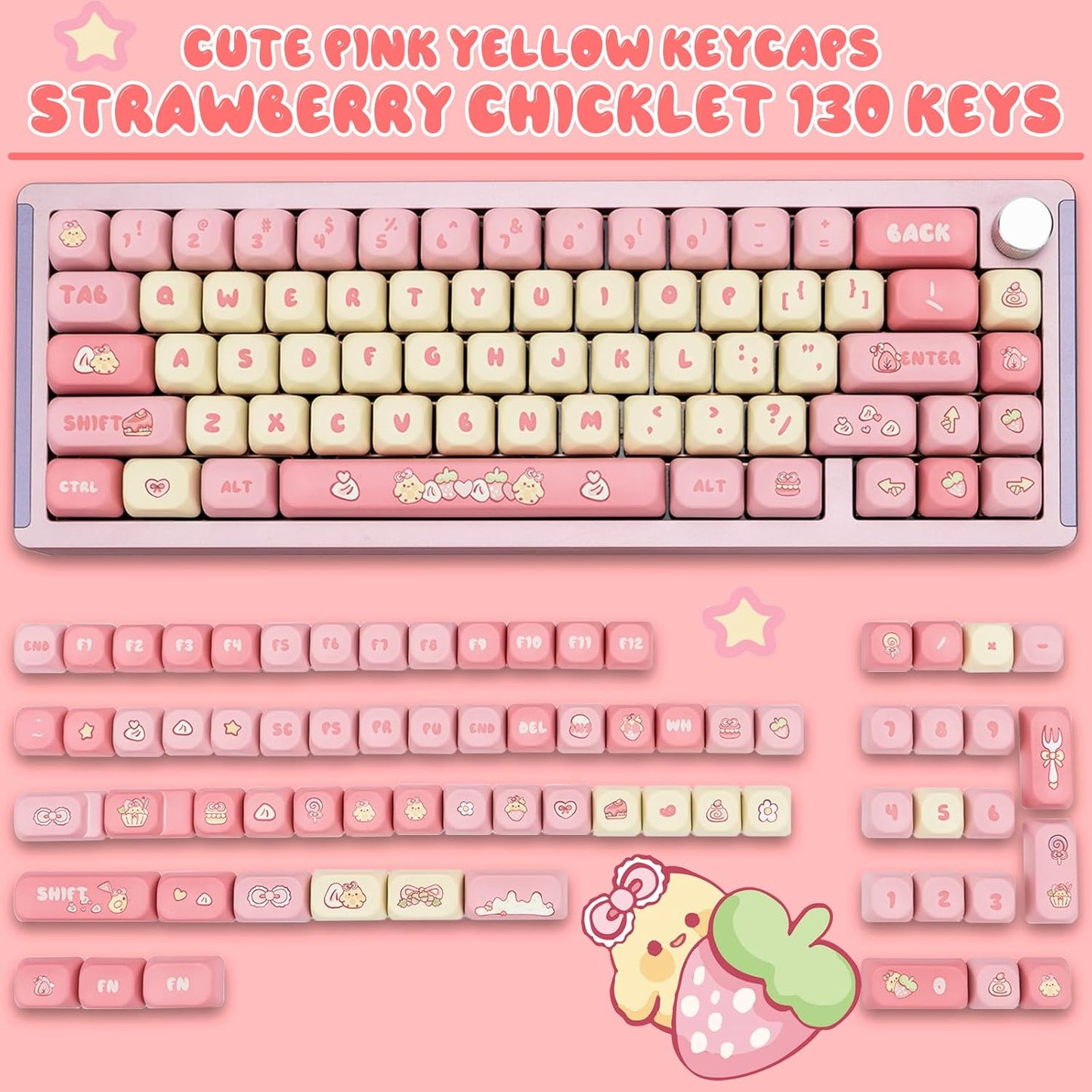 PBT Cute Pink Yellow Keycaps 136 Keys XOA Key caps Dye Sublimation Custom Keycap Set Round Profile for Cherry MX Switches Mechanical Gaming Keyboards(Strawberry Chick Theme)