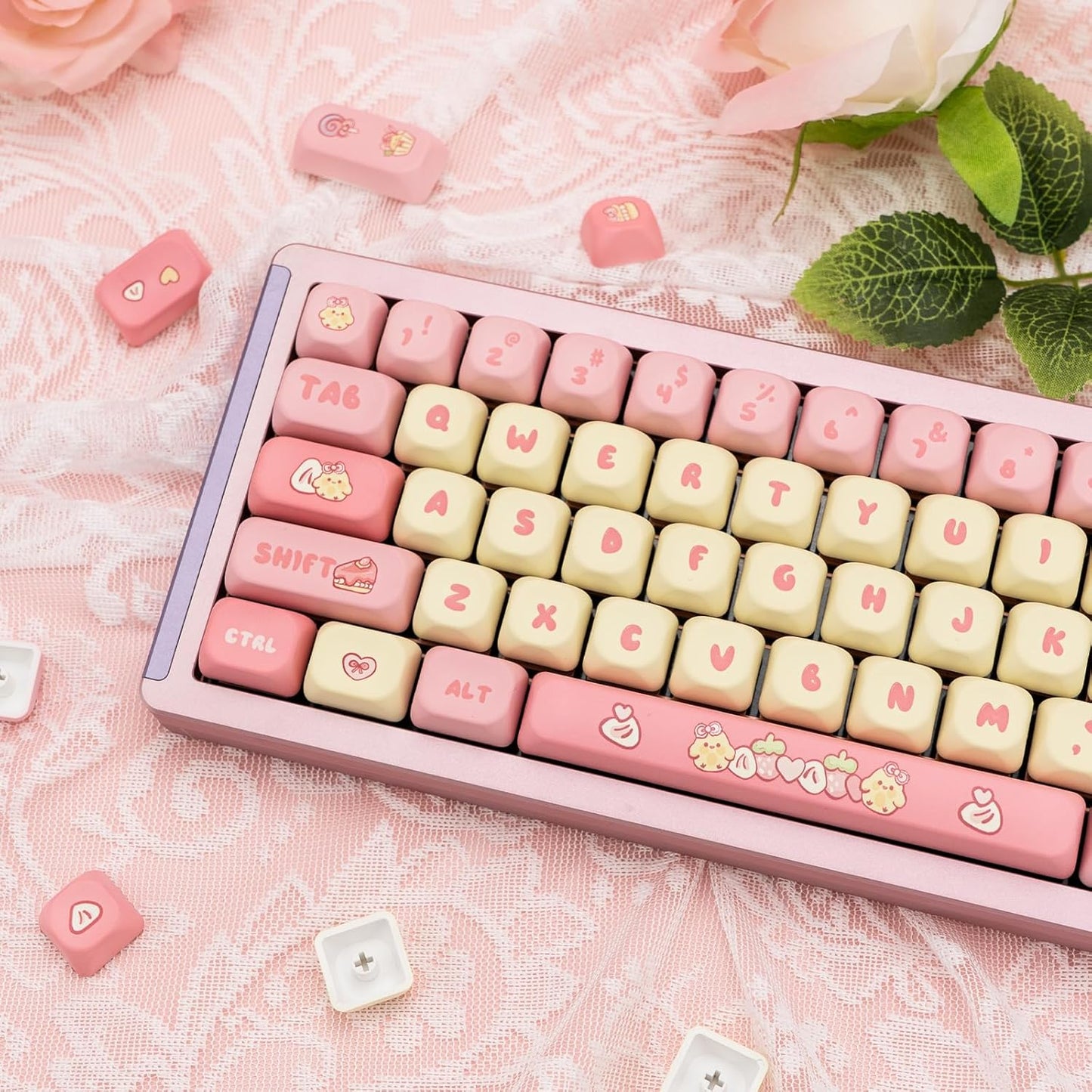 PBT Cute Pink Yellow Keycaps 136 Keys XOA Key caps Dye Sublimation Custom Keycap Set Round Profile for Cherry MX Switches Mechanical Gaming Keyboards(Strawberry Chick Theme)