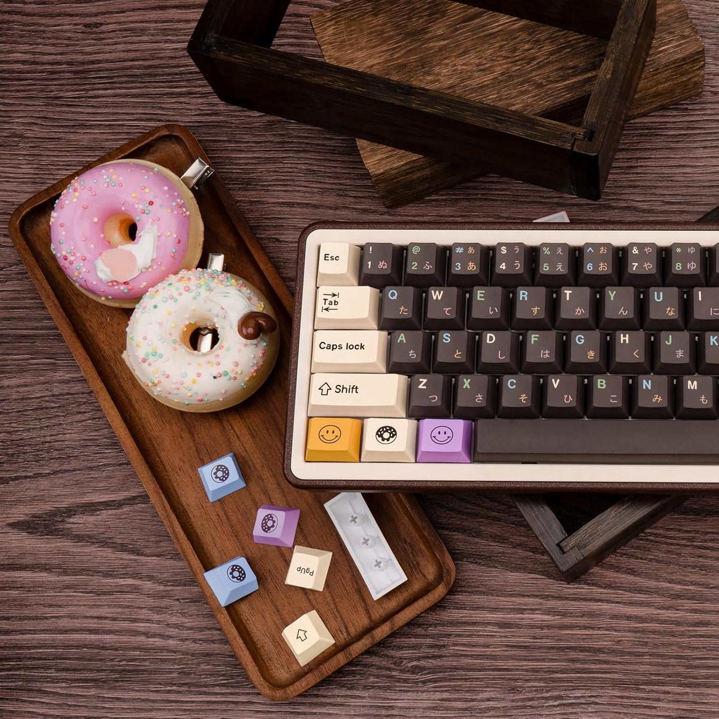 Japanese Keycaps 129 Keys Chocolate PBT Keycap Dye Sub Cherry Profile Keycaps Donut Theme Custom Key caps Set Fit for 61/64/87/104/108 Mechanical Keyboards Cherry Mx Gateron Switches