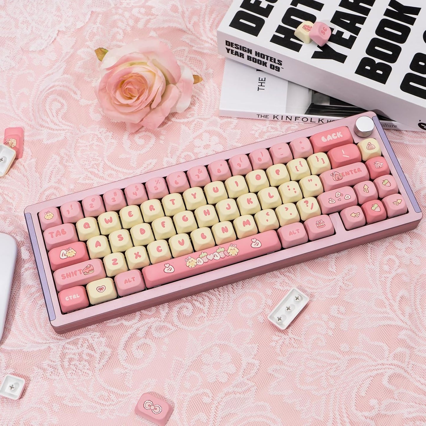 PBT Cute Pink Yellow Keycaps 136 Keys XOA Key caps Dye Sublimation Custom Keycap Set Round Profile for Cherry MX Switches Mechanical Gaming Keyboards(Strawberry Chick Theme)