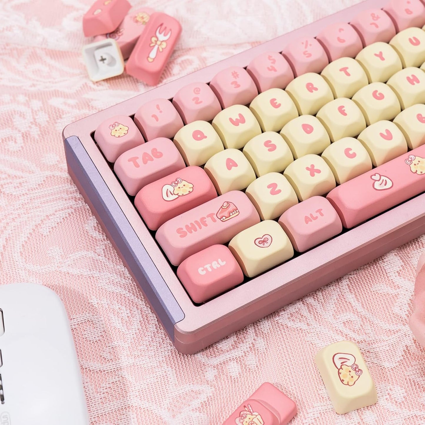 PBT Cute Pink Yellow Keycaps 136 Keys XOA Key caps Dye Sublimation Custom Keycap Set Round Profile for Cherry MX Switches Mechanical Gaming Keyboards(Strawberry Chick Theme)