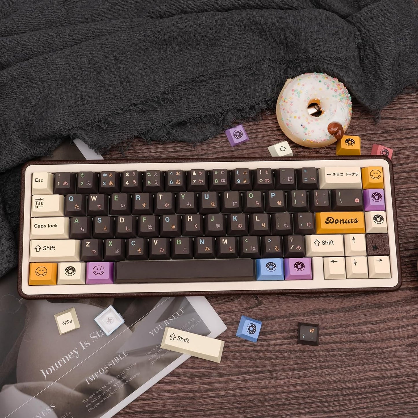 Japanese Keycaps 129 Keys Chocolate PBT Keycap Dye Sub Cherry Profile Keycaps Donut Theme Custom Key caps Set Fit for 61/64/87/104/108 Mechanical Keyboards Cherry Mx Gateron Switches
