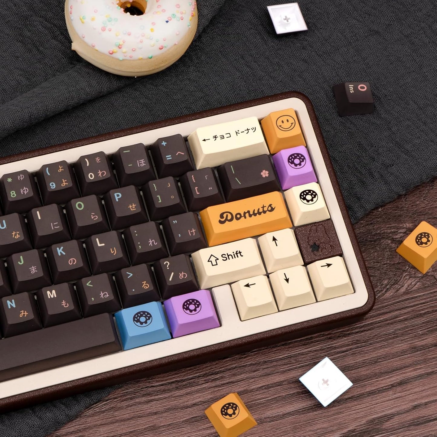 Japanese Keycaps 129 Keys Chocolate PBT Keycap Dye Sub Cherry Profile Keycaps Donut Theme Custom Key caps Set Fit for 61/64/87/104/108 Mechanical Keyboards Cherry Mx Gateron Switches