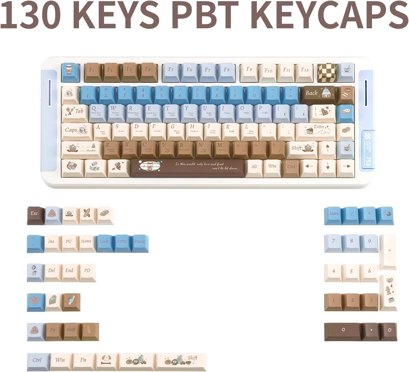 130 Keys PBT Keycaps Sea Salt Chocolate Theme Cute Keycaps Cherry Profile Dye Sublimation Custom Key Caps Set for Cherry Gateron MX Switches Mechanical Keyboards