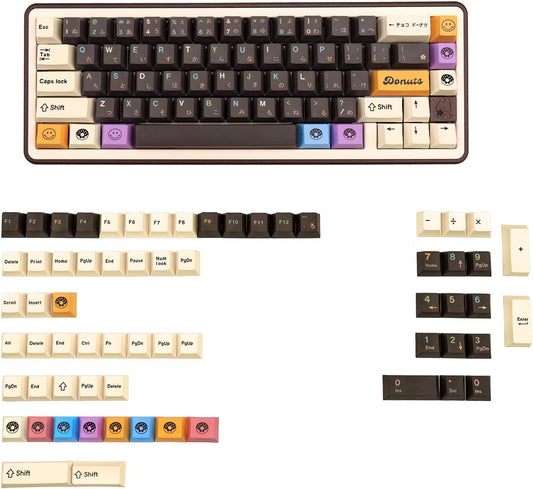 Japanese Keycaps 129 Keys Chocolate PBT Keycap Dye Sub Cherry Profile Keycaps Donut Theme Custom Key caps Set Fit for 61/64/87/104/108 Mechanical Keyboards Cherry Mx Gateron Switches