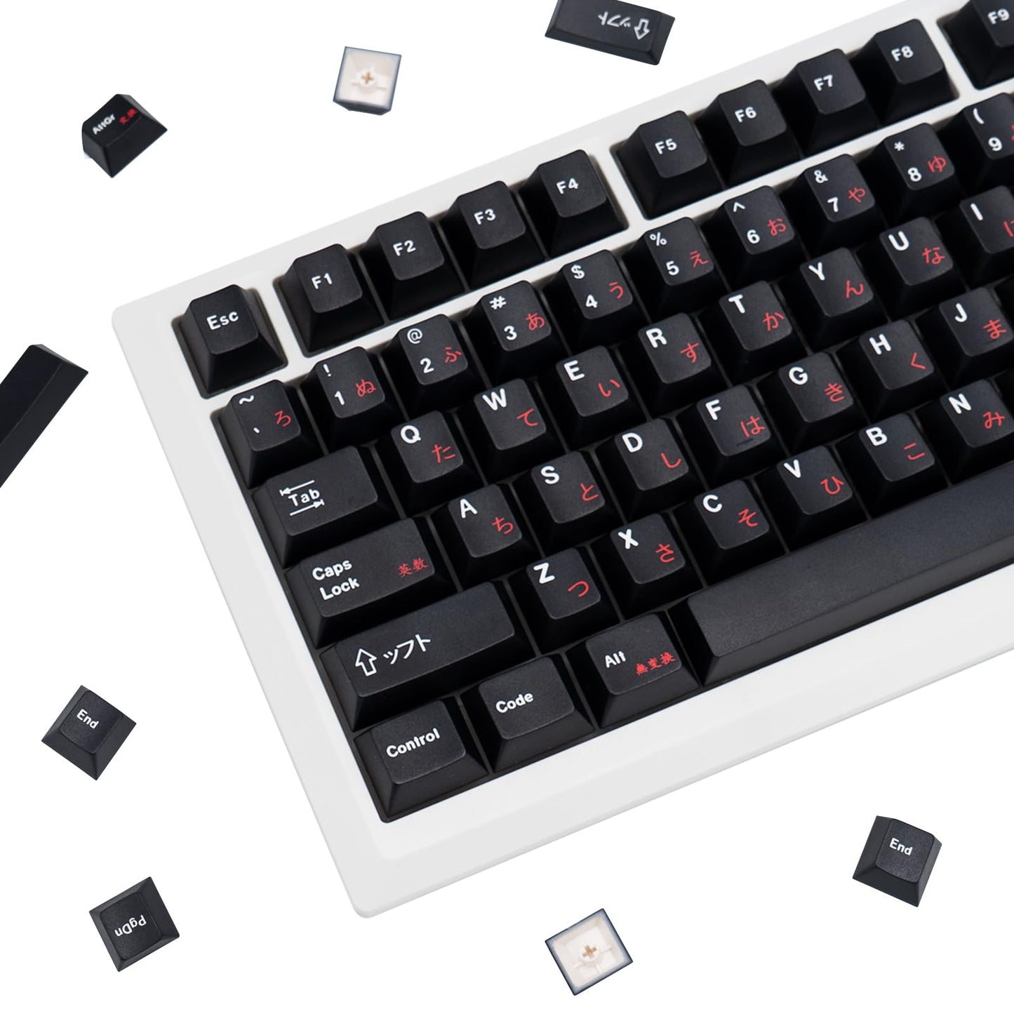 129 Keys Black and White Customized Keycap, Cherry Profile Japanese Keycaps, PBT Dye Sublimation Keycaps Set for Gateron Kailh Cherry MX Switch Gaming Mechanical Keyboards