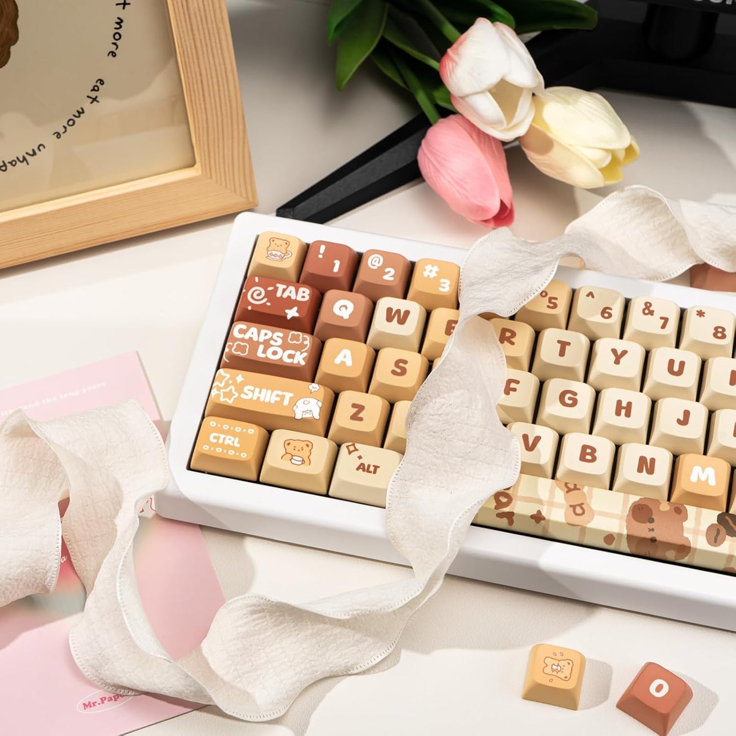 Cute PBT Keycaps 133 Keys Caramel Bear Theme Keycap Dye Sublimation XDA Profile Key caps Custom Keycaps Set for Cherry Gateron MX Swithes Mechanical Gaming Keyboards