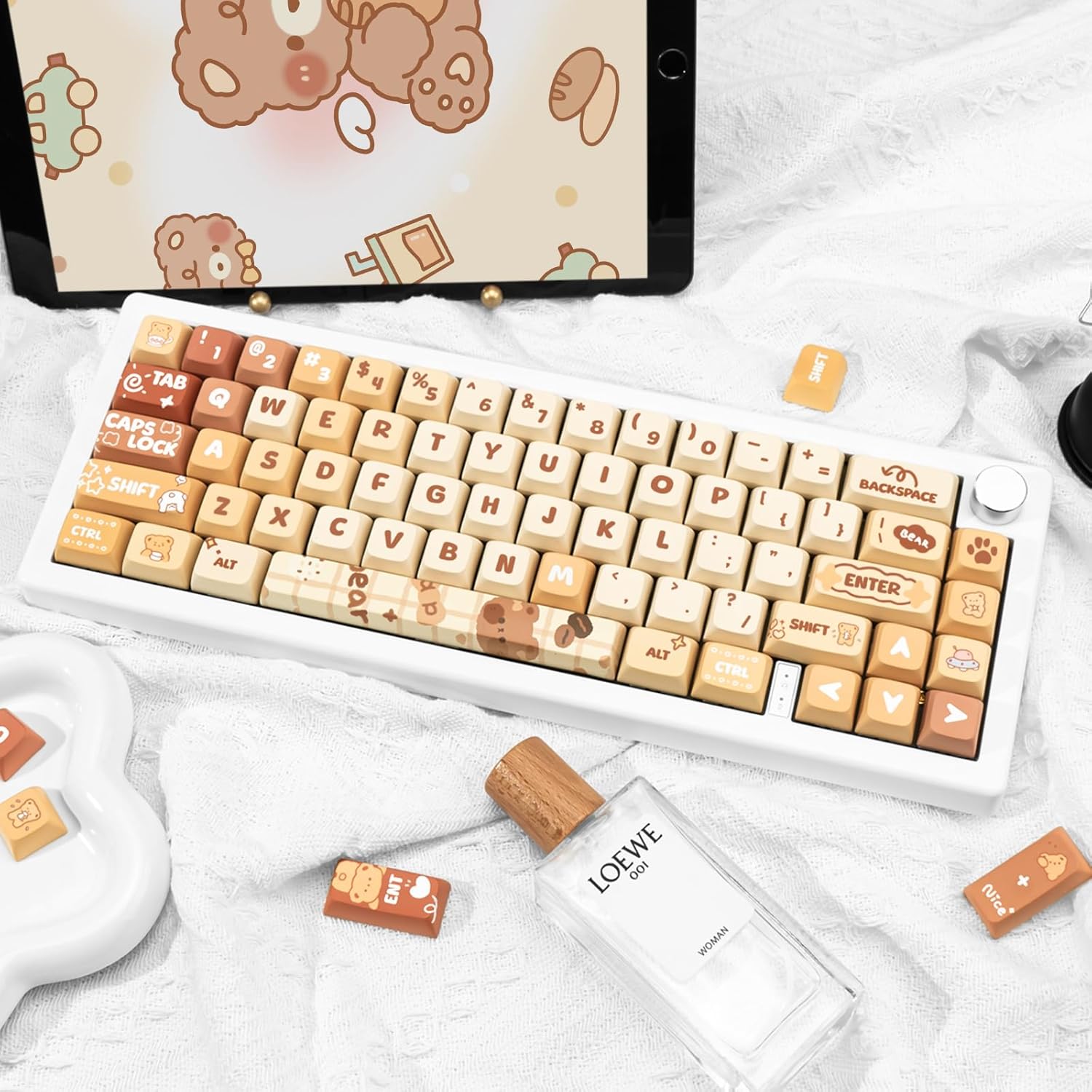 Cute PBT Keycaps 133 Keys Caramel Bear Theme Keycap Dye Sublimation XDA Profile Key caps Custom Keycaps Set for Cherry Gateron MX Swithes Mechanical Gaming Keyboards