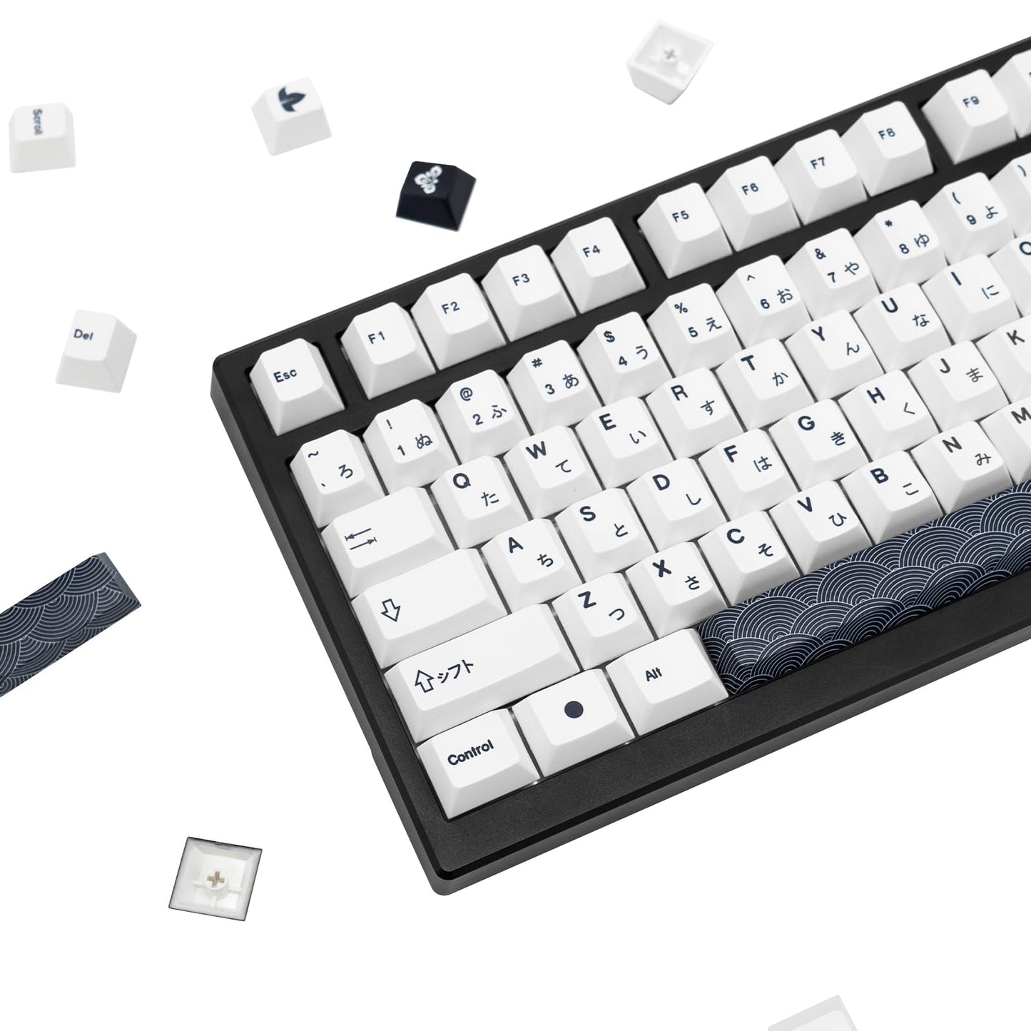 129 Keys Black and White Customized Keycap, Cherry Profile Japanese Keycaps, PBT Dye Sublimation Keycaps Set for Gateron Kailh Cherry MX Switch Gaming Mechanical Keyboards