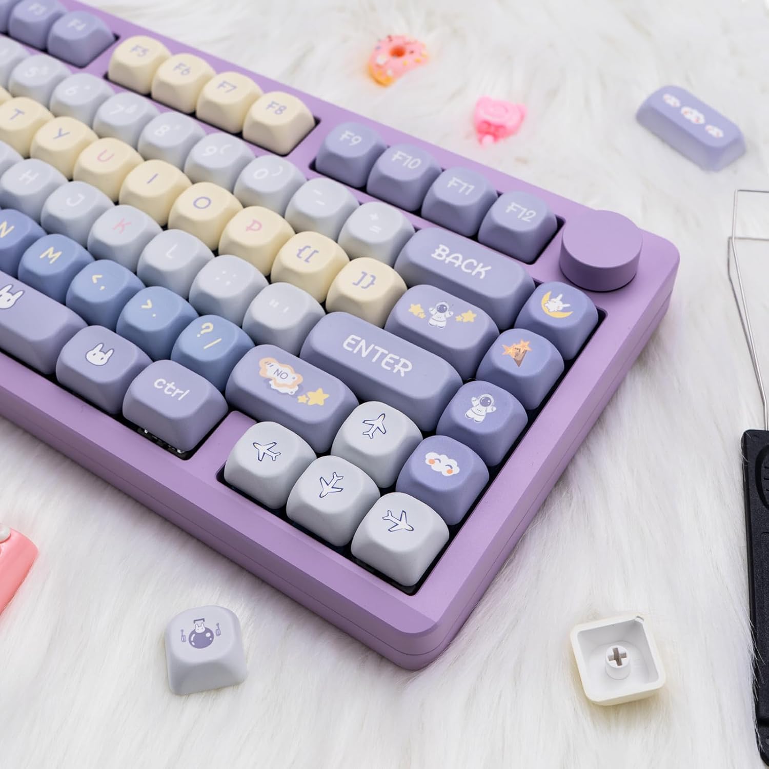 Purple PBT Keycaps, 136 Keys Dye Sublimation XOA Profile Round Keycaps Cute Bunny Keycap Set for Cherry MX Switches ANSI Layout Mechanical Keyboards
