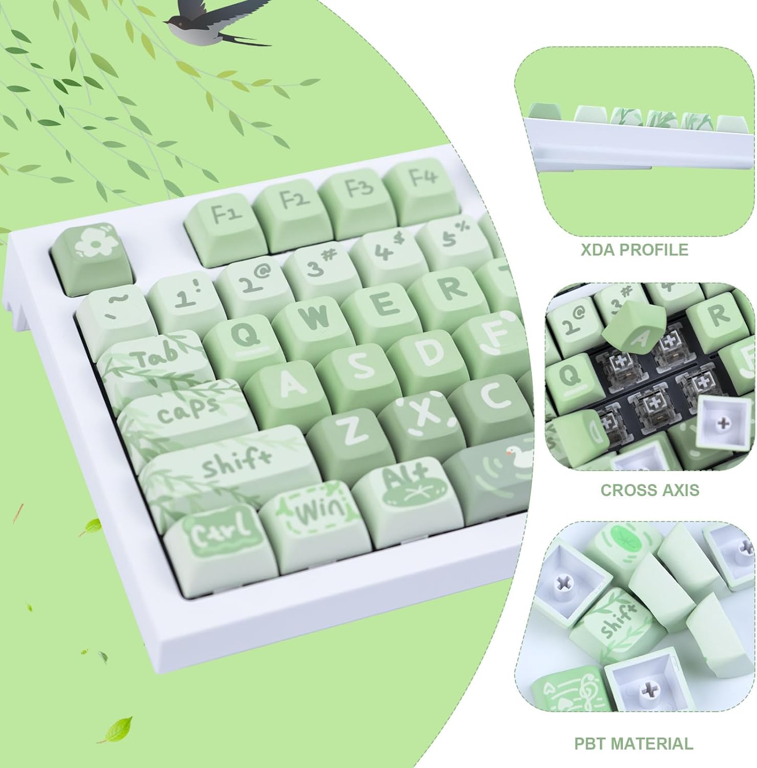 PBT 133 Keys Anime Keycaps, Matcha Green Dye-Sublimation Customized Cute Keycap, XDA Profile Keycaps Set for Cherry Gateron MX Switches Mechanical Gaming Keyboards