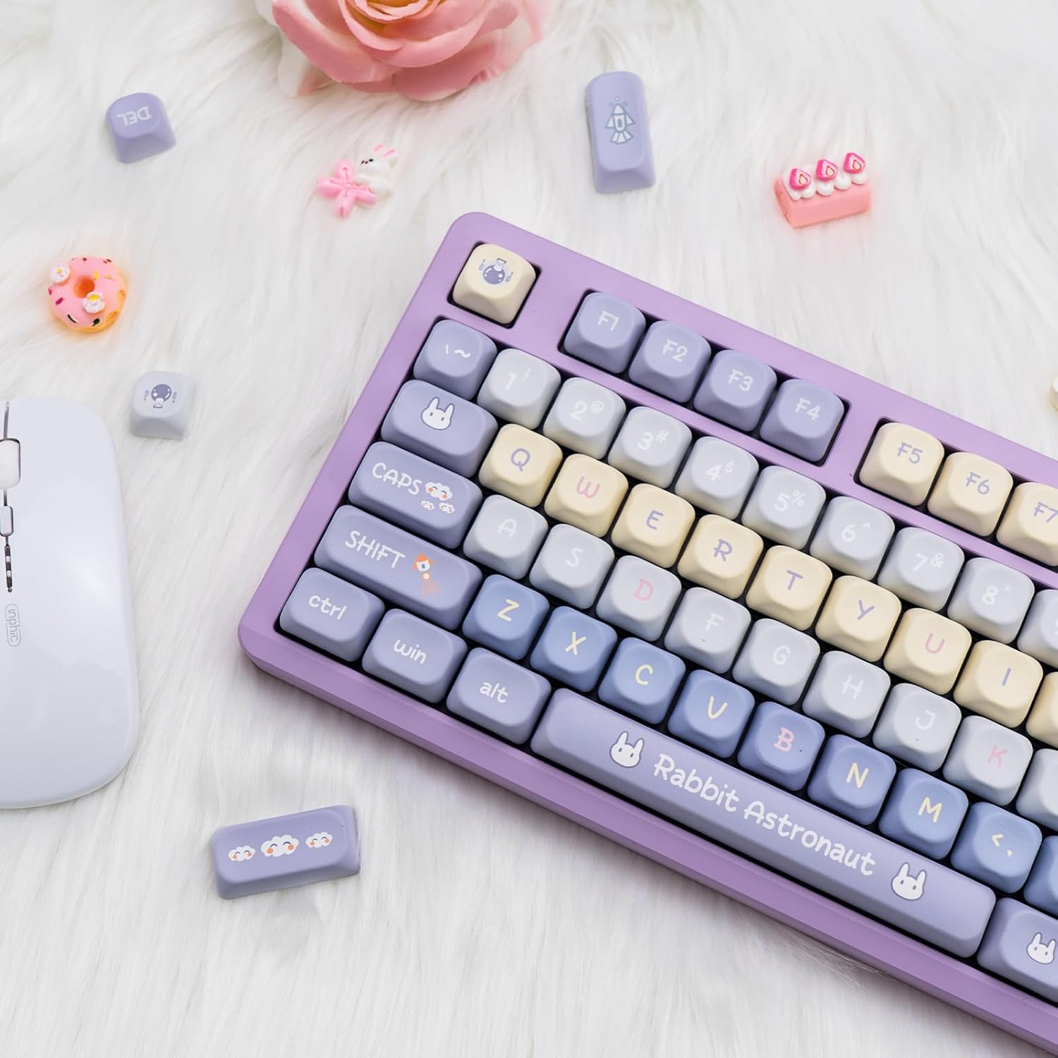 Purple PBT Keycaps, 136 Keys Dye Sublimation XOA Profile Round Keycaps Cute Bunny Keycap Set for Cherry MX Switches ANSI Layout Mechanical Keyboards
