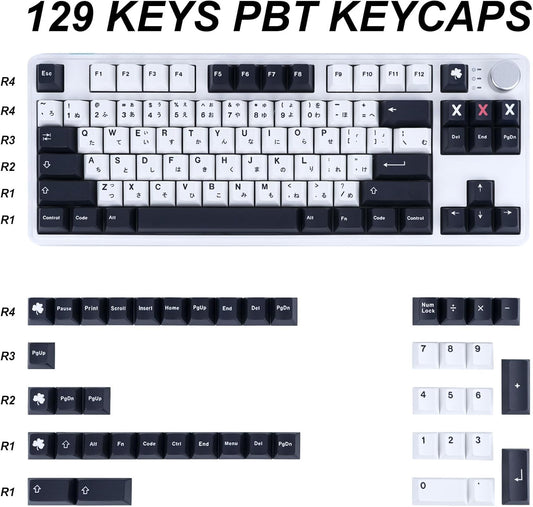 129 Keys Black and White Customized Keycap, Cherry Profile Japanese Keycaps, PBT Dye Sublimation Keycaps Set for Gateron Kailh Cherry MX Switch Gaming Mechanical Keyboards