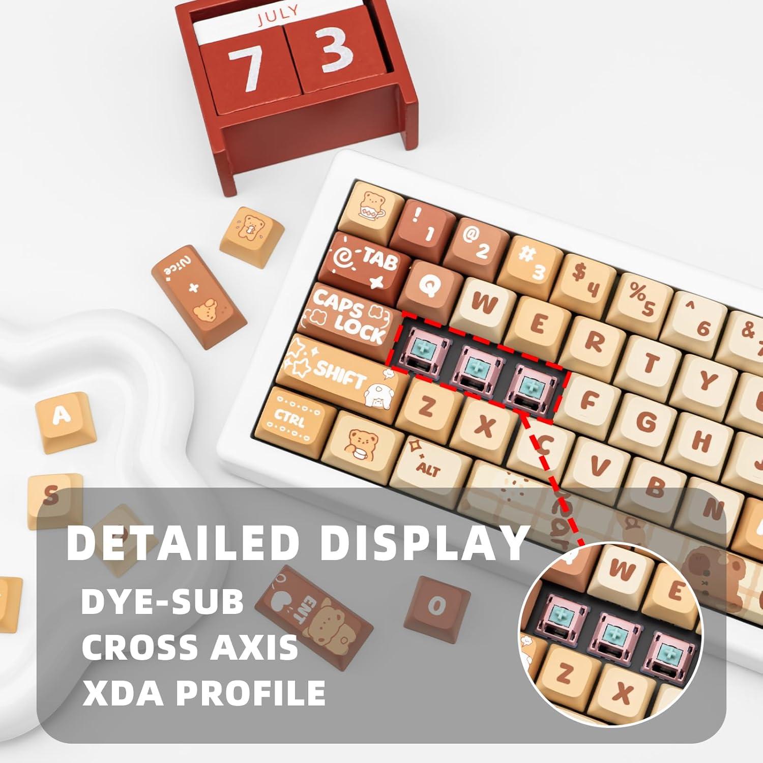 Cute PBT Keycaps 133 Keys Caramel Bear Theme Keycap Dye Sublimation XDA Profile Key caps Custom Keycaps Set for Cherry Gateron MX Swithes Mechanical Gaming Keyboards