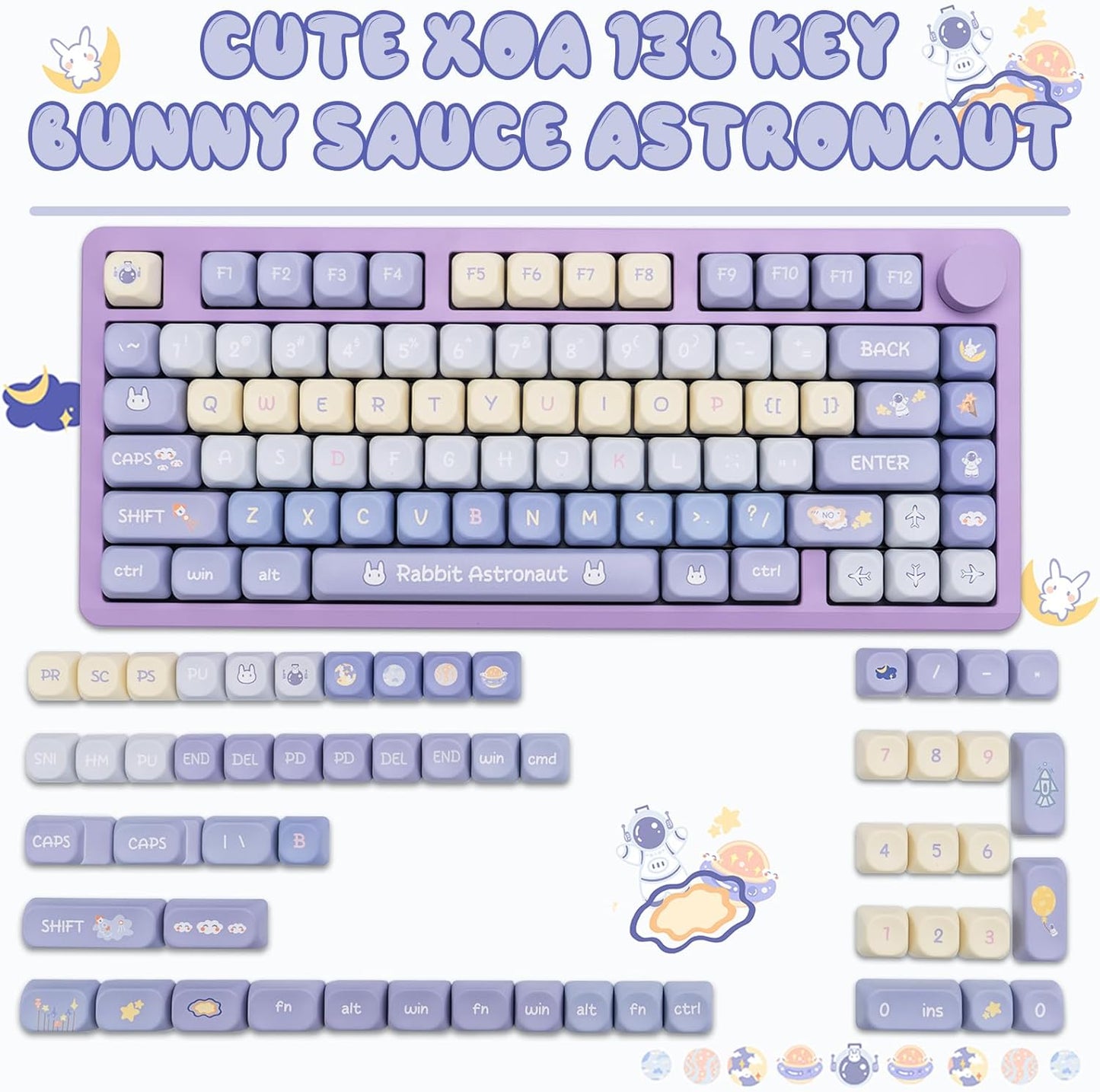Purple PBT Keycaps, 136 Keys Dye Sublimation XOA Profile Round Keycaps Cute Bunny Keycap Set for Cherry MX Switches ANSI Layout Mechanical Keyboards