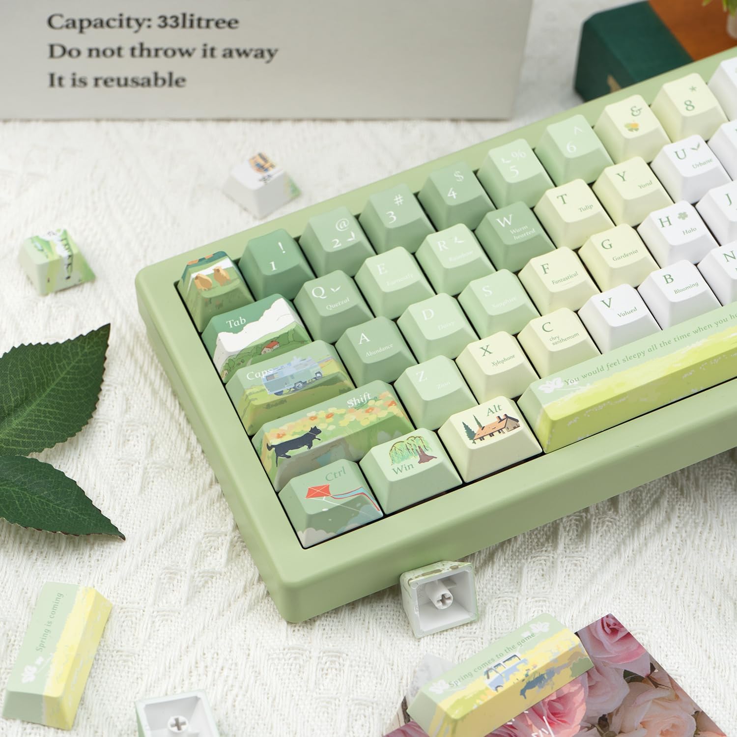 Custom PBT Keycaps 130 Keys, Cherry Profile Green Keycap, Dye Sublimation Spring Theme Keycaps Set for Cherry Gateron MX Switches Mechanical Gaming Keyboards