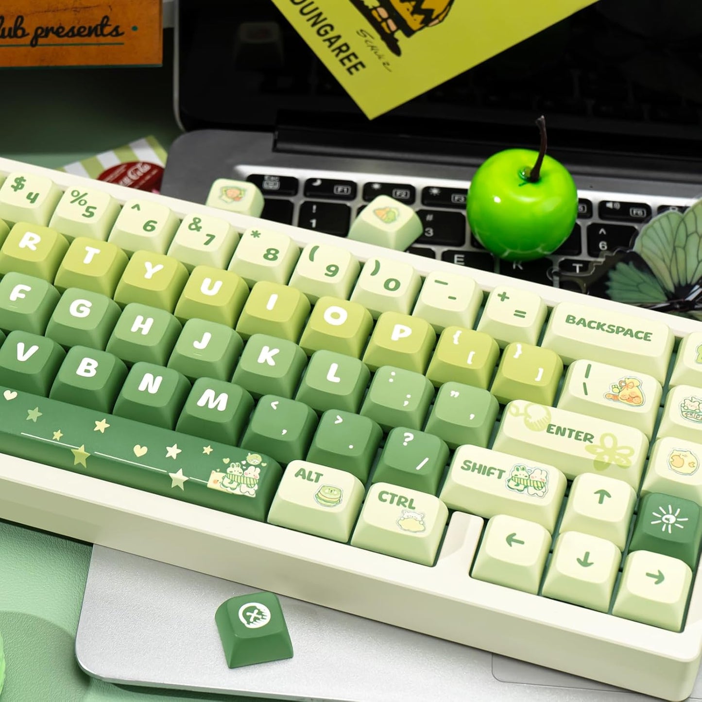 PBT Keycaps 133 Keys Gradient Green Keycap Dye Sublimation Cute Anime Key caps XDA Profile Custom Keycaps Set for Cherry Gateron MX Switches Mechanical Keyboards