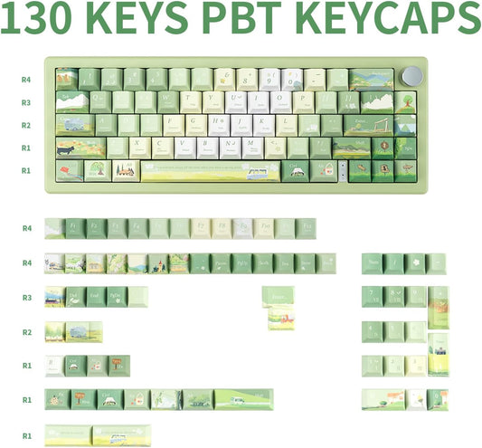 Custom PBT Keycaps 130 Keys, Cherry Profile Green Keycap, Dye Sublimation Spring Theme Keycaps Set for Cherry Gateron MX Switches Mechanical Gaming Keyboards