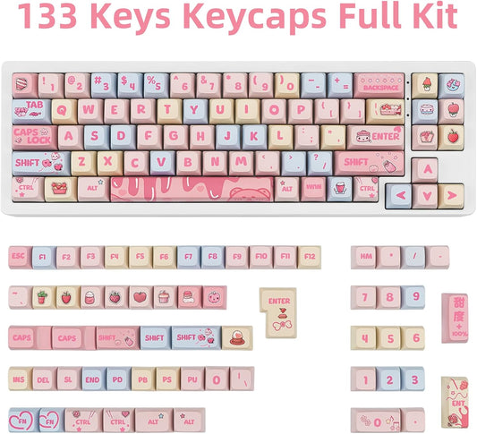 Custom Keycaps, 133 Keys Creamy Strawberry Cute Keycap, Dye Sublimation PBT Key Caps XDA Profile Keycaps Set for Cherry Gateron MX Swithes Mechanical Gaming Keyboards