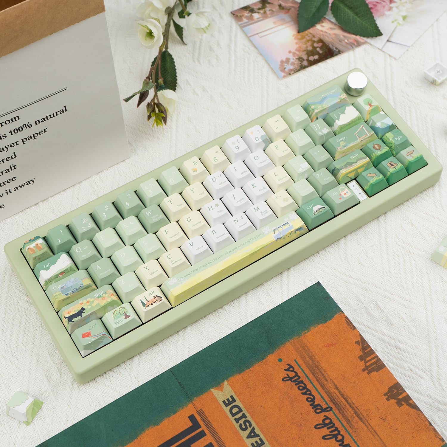 Custom PBT Keycaps 130 Keys, Cherry Profile Green Keycap, Dye Sublimation Spring Theme Keycaps Set for Cherry Gateron MX Switches Mechanical Gaming Keyboards