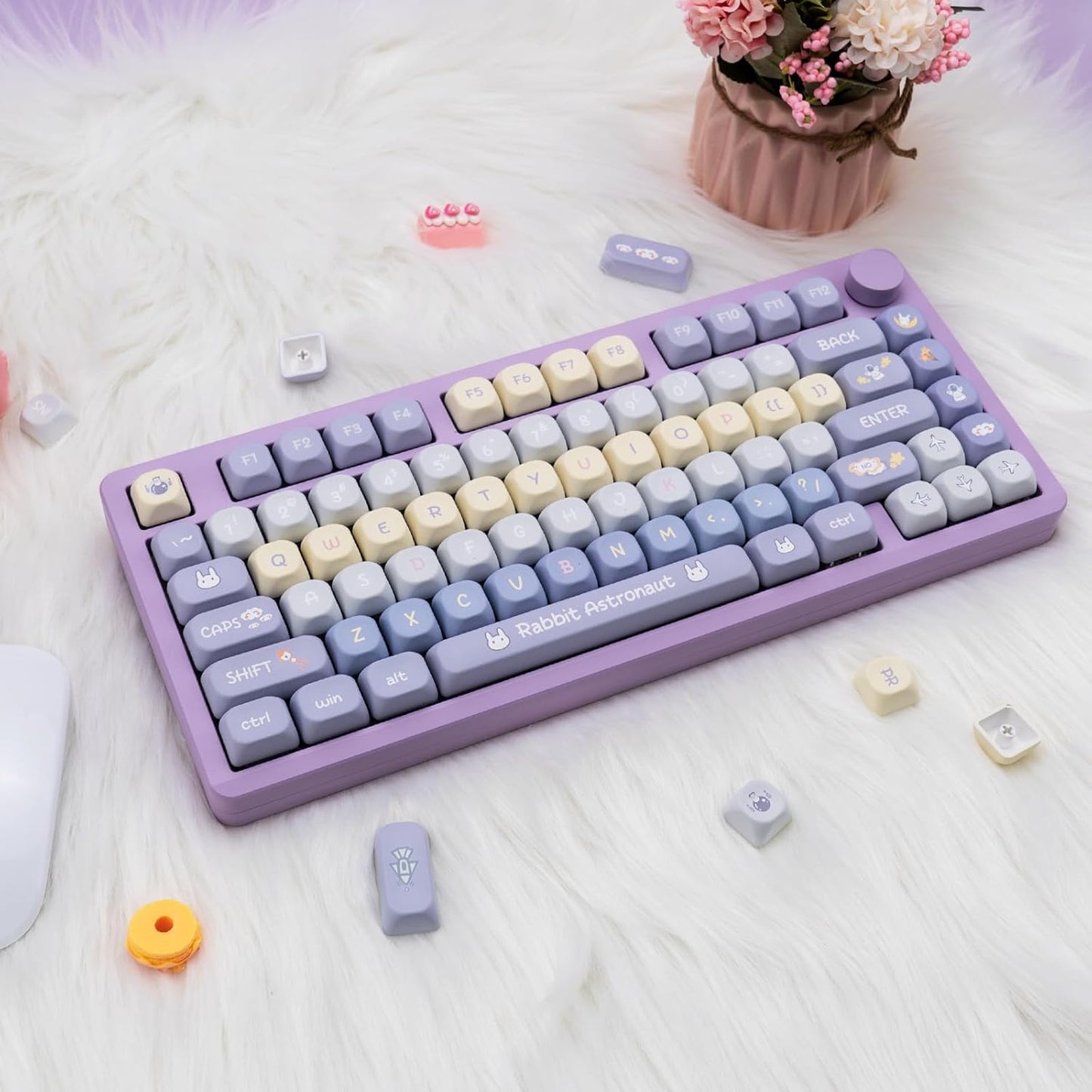 Purple PBT Keycaps, 136 Keys Dye Sublimation XOA Profile Round Keycaps Cute Bunny Keycap Set for Cherry MX Switches ANSI Layout Mechanical Keyboards