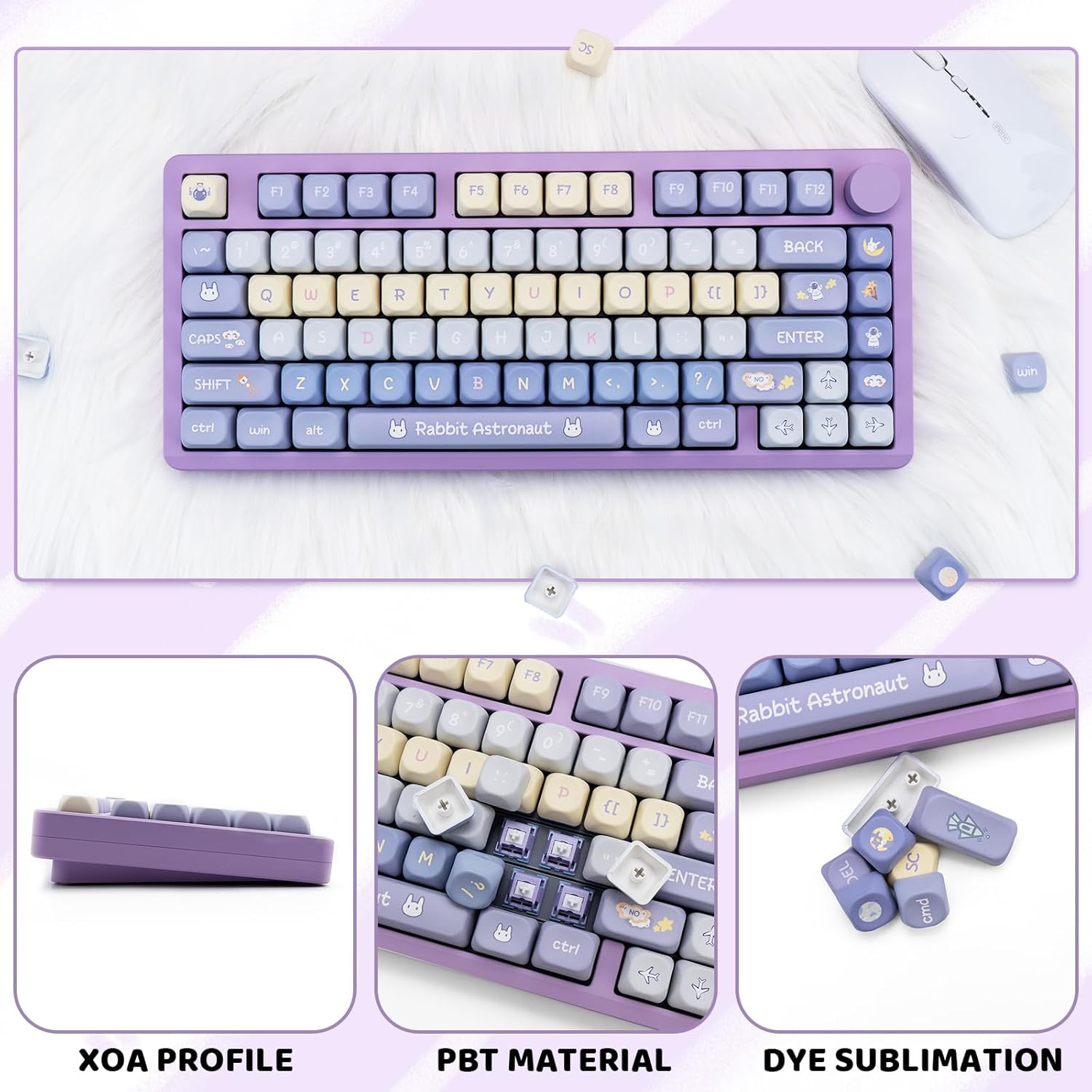 Purple PBT Keycaps, 136 Keys Dye Sublimation XOA Profile Round Keycaps Cute Bunny Keycap Set for Cherry MX Switches ANSI Layout Mechanical Keyboards