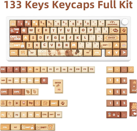 Cute PBT Keycaps 133 Keys Caramel Bear Theme Keycap Dye Sublimation XDA Profile Key caps Custom Keycaps Set for Cherry Gateron MX Swithes Mechanical Gaming Keyboards