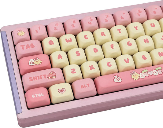 PBT Cute Pink Yellow Keycaps 136 Keys XOA Key caps Dye Sublimation Custom Keycap Set Round Profile for Cherry MX Switches Mechanical Gaming Keyboards（Strawberry Chick Theme）