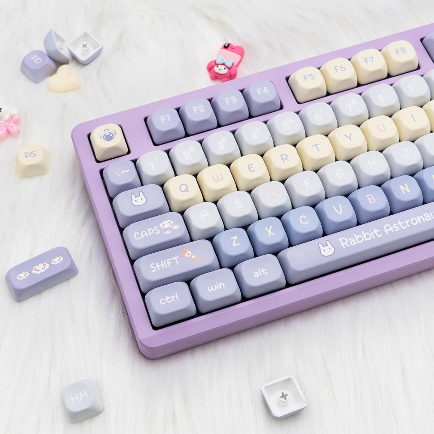 Purple PBT Keycaps, 136 Keys Dye Sublimation XOA Profile Round Keycaps Cute Bunny Keycap Set for Cherry MX Switches ANSI Layout Mechanical Keyboards