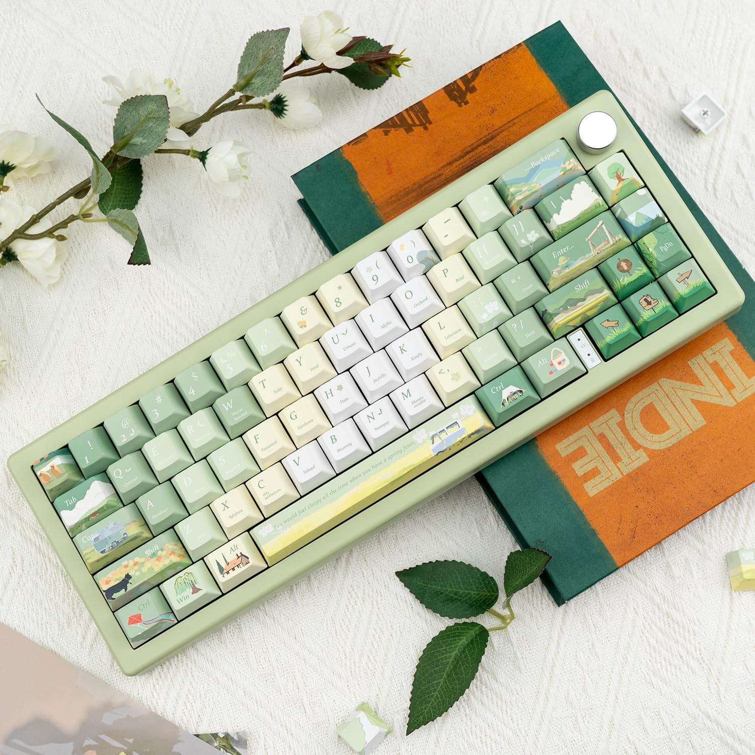 Custom PBT Keycaps 130 Keys, Cherry Profile Green Keycap, Dye Sublimation Spring Theme Keycaps Set for Cherry Gateron MX Switches Mechanical Gaming Keyboards