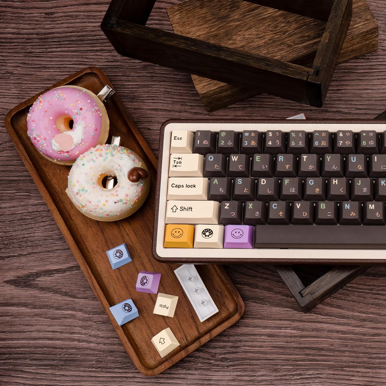 Japanese Keycaps 129 Keys Chocolate PBT Keycap Dye Sub Cherry Profile Keycaps Donut Theme Custom Key caps Set Fit for 61/64/87/104/108 Mechanical Keyboards Cherry Mx Gateron Switches
