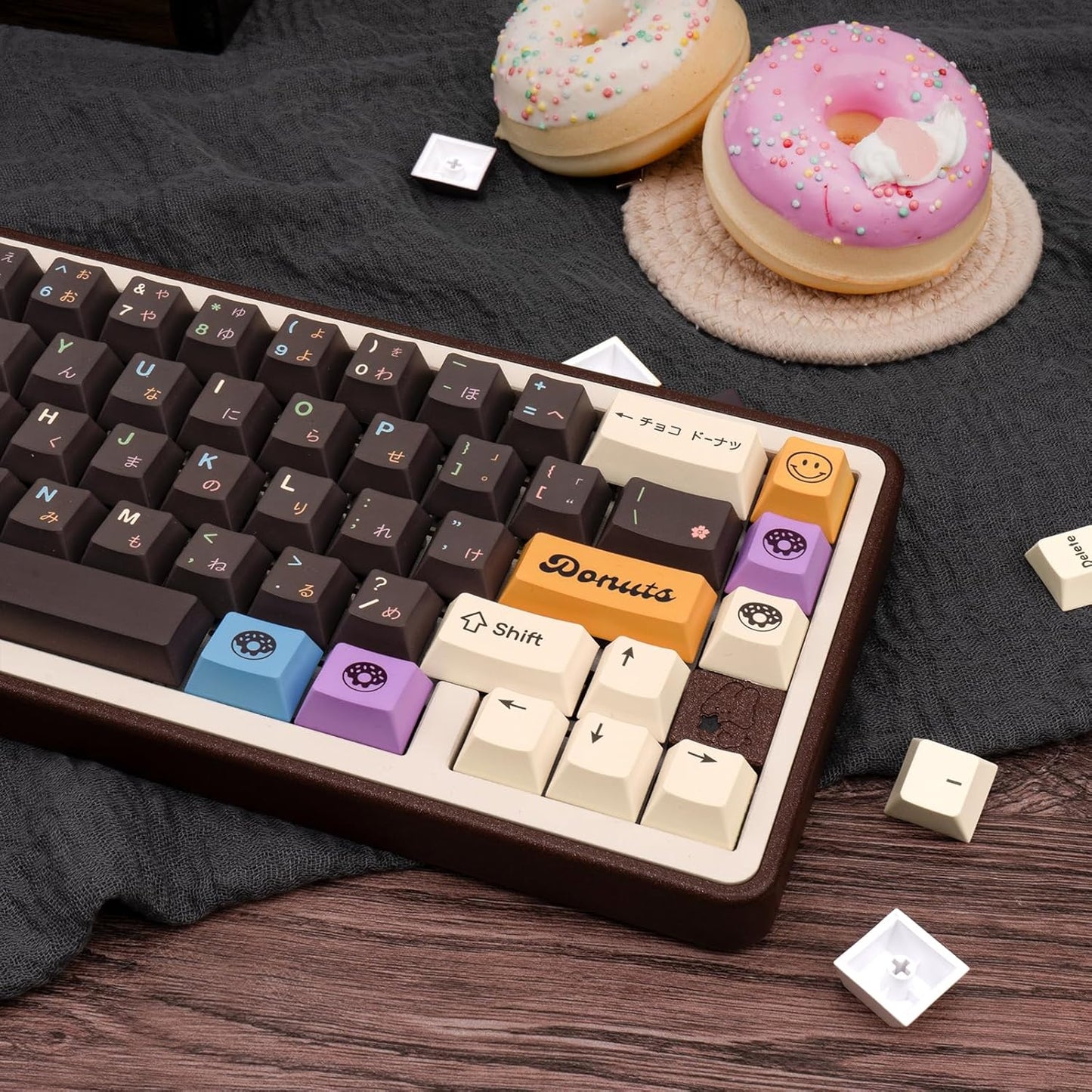 Japanese Keycaps 129 Keys Chocolate PBT Keycap Dye Sub Cherry Profile Keycaps Donut Theme Custom Key caps Set Fit for 61/64/87/104/108 Mechanical Keyboards Cherry Mx Gateron Switches