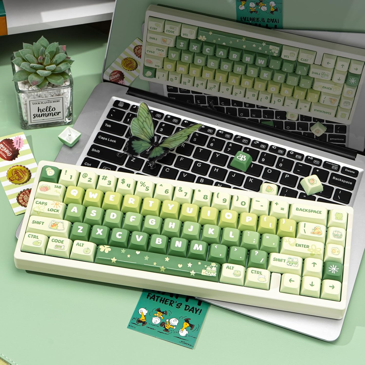 PBT Keycaps 133 Keys Gradient Green Keycap Dye Sublimation Cute Anime Key caps XDA Profile Custom Keycaps Set for Cherry Gateron MX Switches Mechanical Keyboards