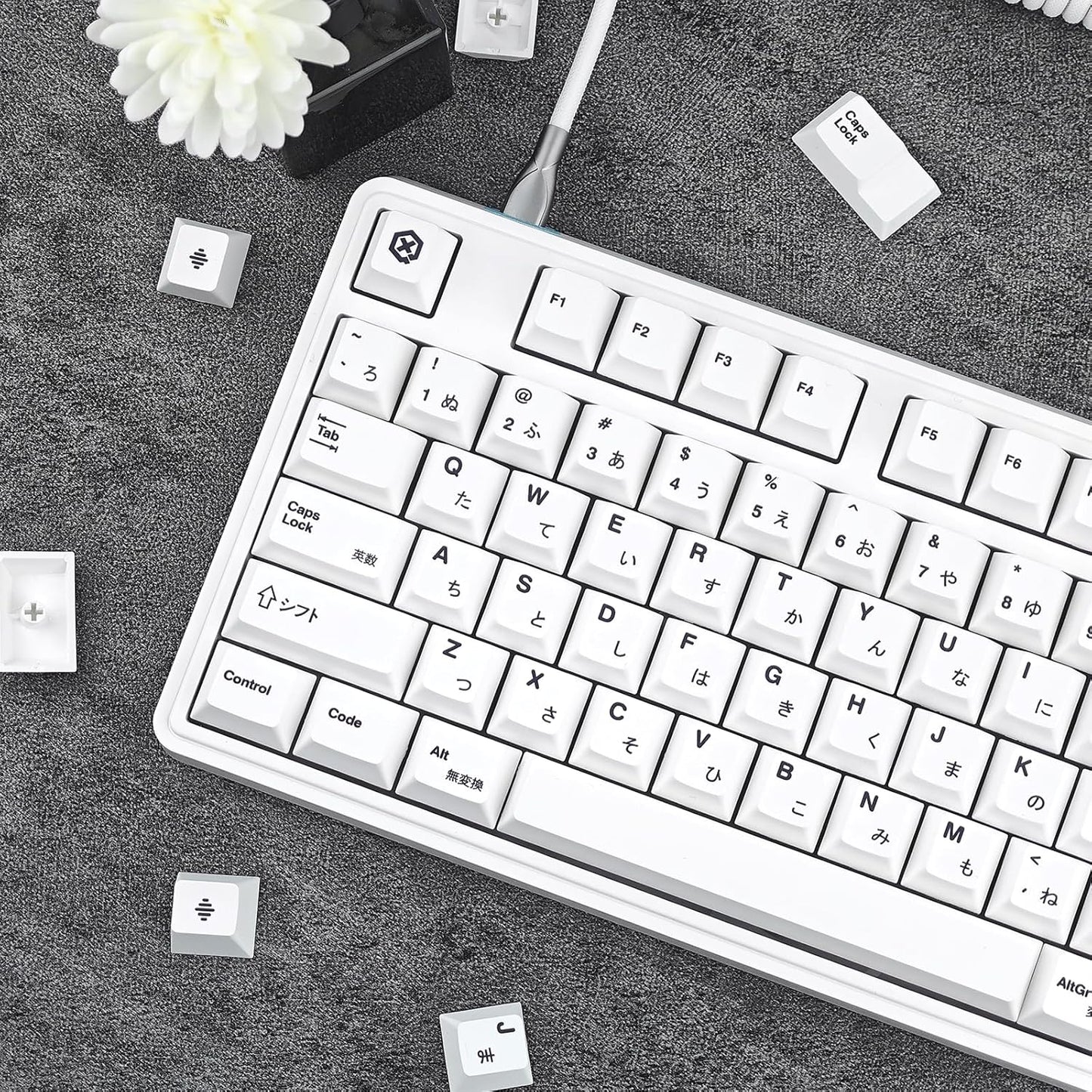 135 Keys White Japanese Keycaps, Minimalist Style Cherry Profile Key Caps, PBT Dye Sublimation Customized Keycaps Set Compatible with Cherry MX Switches Mechanical Keyboards